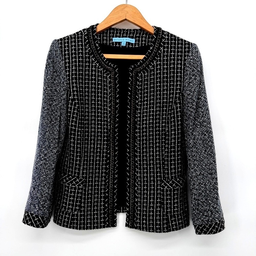Antonio Melani Plaid‎ Tweed Career Blazer Chain Trim Detail Collarless Size 4